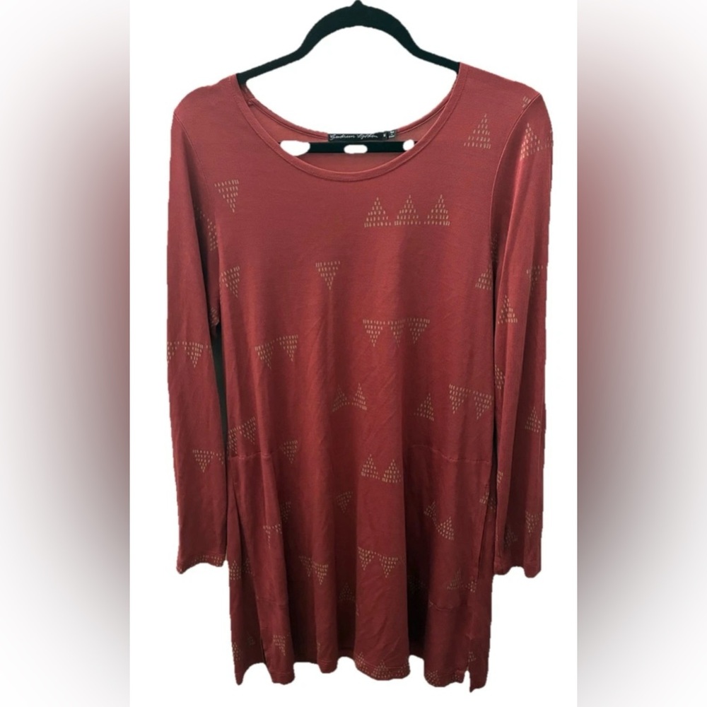 Gudrun Sjoden Medium Long Sleeve Modal Dress Lagenlook Terracotta Geometric